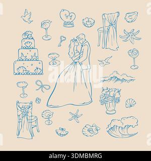 Affascinante collezione di spaghetti per matrimoni di mare disegnati a mano Illustrazione Vettoriale