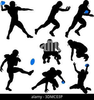Serie di silhouette di giocatori di football americano in varie pose con la palla, vettoriale isolato su sfondo bianco Illustrazione Vettoriale
