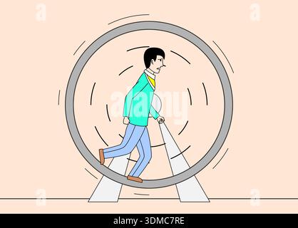 L'uomo corre su una pista circolare. L'uomo indossa una giacca verde e un jeans blu Illustrazione Vettoriale