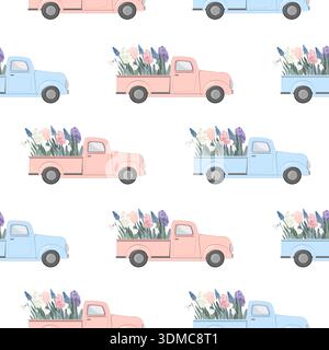 Pick-up vintage rosa e blu con il primo motivo senza cuciture di fiori. Il sesso del bambino rivela lo sfondo primaverile. Illustrazione vettoriale Illustrazione Vettoriale