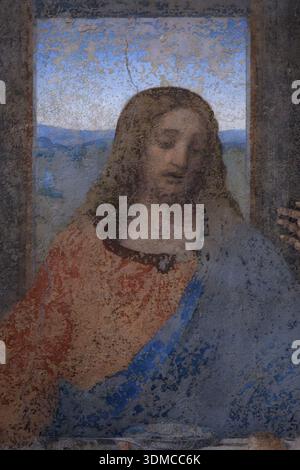 Particolare di Gesù Cristo dall'ultima cena di Leonardo da Vinci a Santa Maria delle Grazie, Milano. Capolavoro rinascimentale Foto Stock