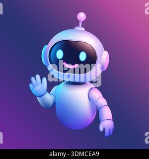 Simpatico personaggio robot 3d con volto luminoso e mano ondulata, tecnologia futuristica e intelligenza artificiale, sfondo colorato a gradiente, perfetto per l'illustrazione vettoriale di progetti digitali Illustrazione Vettoriale