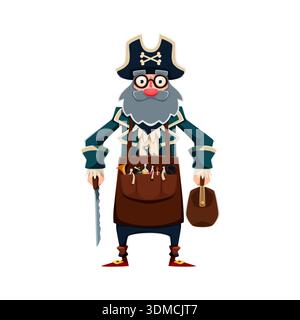 Coraggioso vecchio personaggio corsaro pirata con occhiali, cappello tricorn e barba lunga. Personaggio vettoriale che trasporta una valigia e una sega. Vestito in grembiule con bottiglie di pozione, questo marinaio è alchimista Illustrazione Vettoriale