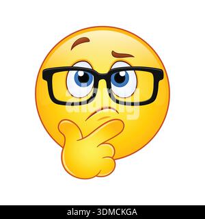 Emoji Smart Thinking con occhiali che mostrano espressioni ponderate ed analitiche in stile 3D. Illustrazione Vettoriale