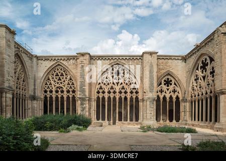 Intricati archi gotici del chiostro di Seu Vella a Lleida, Catalogna, Spagna. Maestosa architettura medievale con dettagli in pietra e suggestiva luce del sole Foto Stock