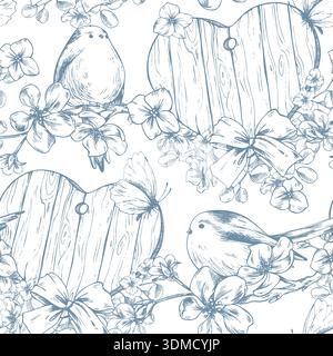 Uccelli e farfalle tra fiori, archi e cuori di legno. Illustrazione grafica a inchiostro disegnata a mano, stile grafico monocromatico. Motivo senza cuciture per Illustrazione Vettoriale
