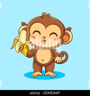 Adorabile scimmia che regge un cartoon Kawaii Design con illustrazione a base di Banana Vector Illustrazione Vettoriale