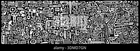 Modello astratto tribale con simboli etnici su sfondo nero. Scarabocchi primitivi disegnati a mano, forme geometriche e antichi motivi petroglifici Illustrazione Vettoriale