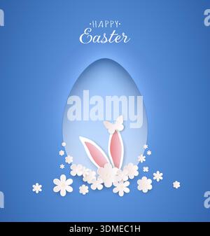 Happy Easter card con orecchie di coniglio, fiori e una farfalla su sfondo blu con un uovo. Un biglietto d'auguri. Illustrazione Vettoriale