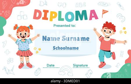 Colorato modello di diploma scolastico per bambini e bambini in scuola materna, asiatica o primaria con elementi artistici della linea dei doodle, simpatico cartoni animati e simpatico, giocattoli per bambini e scarabocchi alfabetici Illustrazione Vettoriale