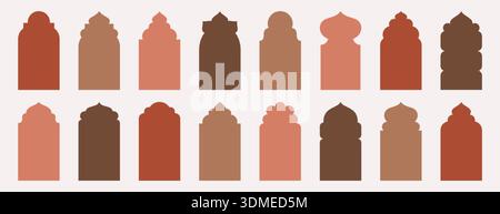 Porte e cornici ad arco islamico, silhouette geometriche arabe. Le vecchie finestre della moschea hanno forme in stile arabo orientale. Insieme di elementi architettonici musulmani, cancello minimale marocchino. Design dell'etichetta Ramadan kareem Illustrazione Vettoriale