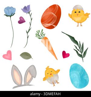 Elementi pasquali ad acquerello dipinti a mano con tradizionali simboli natalizi e decorazioni primaverili Foto Stock