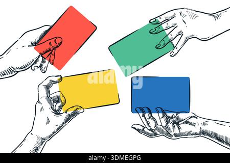 Set di mani umane con carte vuote di colore rosso, verde, blu, giallo. Illustrazione del collage di schizzi disegnati a mano con spazio di copia per la pubblicità, Illustrazione Vettoriale