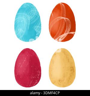 Illustrazione del set di uova di Pasqua ad acquerello disegnate a mano. Collezione di uova colorate dipinte create in un delicato stile acquerello Foto Stock