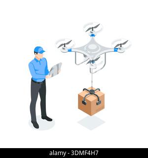 l'uomo vettoriale isometrico con tablet controlla il drone che trasporta una scatola, a colori su sfondo bianco, operatore tecnologico o droni e moderno delimitazione pacchi Illustrazione Vettoriale