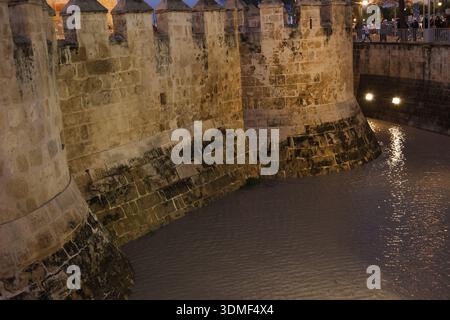 Weathered Battlement nasce da Muddy Moat Soft Uplighting crea texture tattili, scintillanti pietre bagnate, Foto Stock