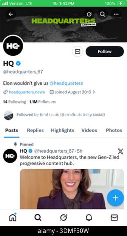 5 febbraio 2026, New York City, New York, Stati Uniti: Kamala Harris, l'ex vice presidente e candidato presidenziale democratico del 2024 ha riavviato l'account KamalaHQ, che ha oltre 1 milione di follower su X e più di 5 milioni su TikTok, come solo quartier generale.screengrab Apple iPhone della pagina Kamala Harris HQ X. (Credit Image: © Billy Tompkins/ZUMA Press Wire) SOLO PER USO EDITORIALE! Non per USO commerciale! Foto Stock