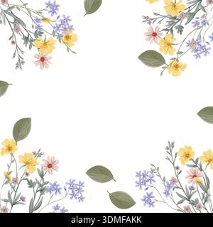 Illustrazione della cornice floreale ad acquerello disegnata a mano. Elegante bordo floreale dipinto in un delicato stile acquerello Foto Stock