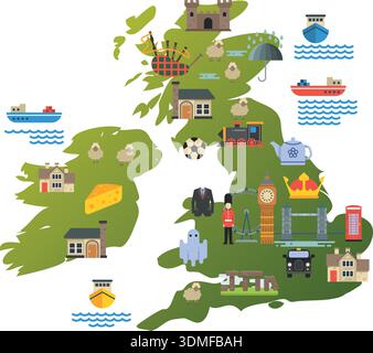 Punti di riferimento della Gran Bretagna sulla mappa. Località di viaggio Illustrazione Vettoriale