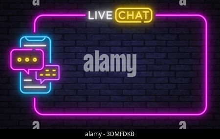 Moderno design vettoriale al neon che mostra il testo Live Chat con le icone dei messaggi dello smartphone. Perfetto per la grafica dell'assistenza clienti e la comunicazione digitale Illustrazione Vettoriale
