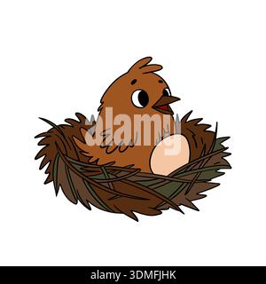 Pollo illustrato disegnato a mano seduto nel suo nido con le uova Foto Stock