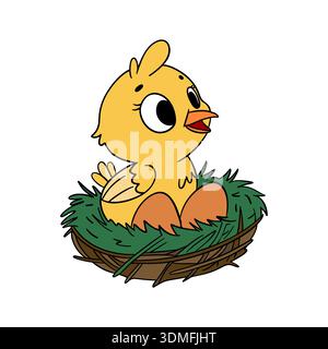 Pollo illustrato disegnato a mano seduto nel suo nido con le uova Foto Stock