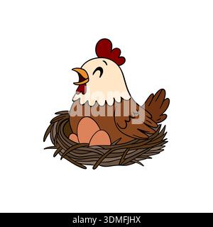 Pollo illustrato disegnato a mano seduto nel suo nido con le uova Foto Stock
