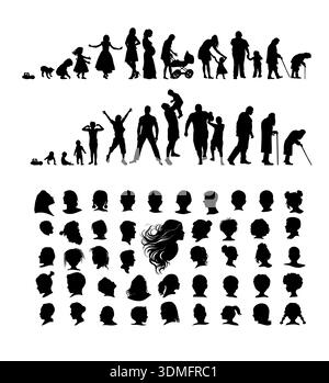 Sagome del ciclo di vita delle persone. Disegnato a mano. Non ai, illustrazione vettoriale. Illustrazione Vettoriale