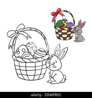 Illustrazione di colori pasquali disegnata a mano per bambini con un cestino, un coniglietto e uova di Pasqua, con un esempio di anteprima colorata mostrata in alto. Educati Foto Stock