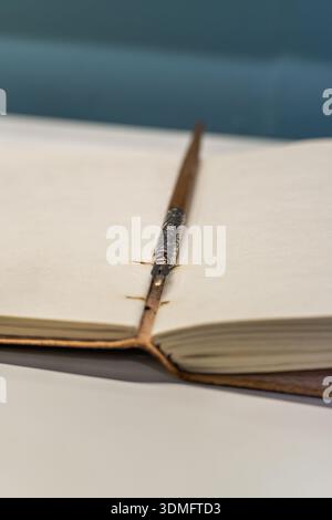 Comoda scrivania con tazza da caffè e notebook aperto Foto Stock