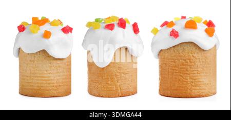 Torte di Pasqua con glassa e frutta candita isolate su bianco, set Foto Stock