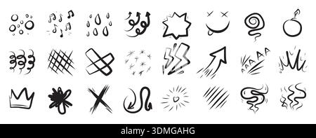 Set di elementi manga con effetto fumetto disegnato a mano. Icone animate con frecce, bolle, scintille, fulmini, cuori e linee di movimento. Il pennello vettoriale disegna emoji espressive, discorso, decorazione veloce Illustrazione Vettoriale