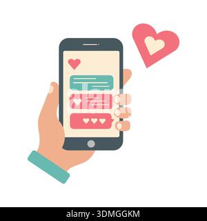 Mano che tiene lo smartphone con bolle Heart Chat per incontri online e messaggi romantici Illustrazione Vettoriale