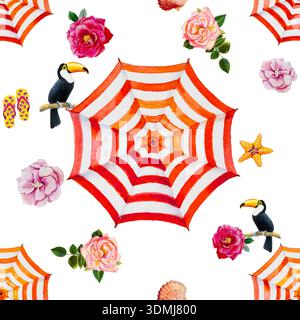 Tendenza stile estivo senza cuciture, motivo di accessori in acquerello Vista dall'alto colorato di ombrello, rose, uccello Toucan, crostacei, stelle marine, scivoli Foto Stock
