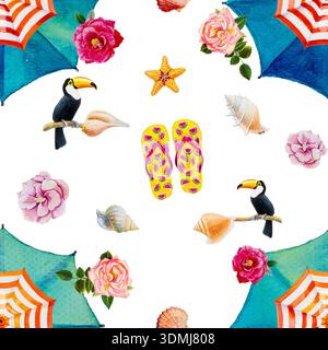 Tendenza stile estivo senza cuciture, motivo di accessori in acquerello colorato di ombrello, rose, uccello Toucan, crostacei, stelle marine, pantofole su bianco Foto Stock