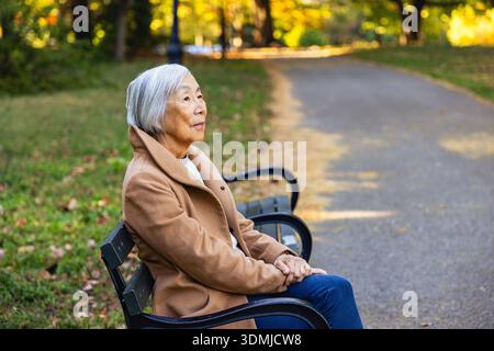 Donna asiatica matura seduta su una panchina del parco Foto Stock