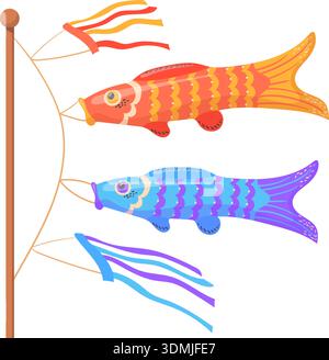 Icona dei cartoni animati di Koinobori. Calza a vento in tradizionale stile giapponese isolata su sfondo bianco Illustrazione Vettoriale