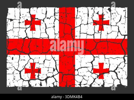 Illustrazione della bandiera nazionale della Georgia dipinta su un muro incrinato. Sfondo grunge in stile angoscioso con bandiera bianca georgiana ufficiale e cinque croci rosse. Illustrazione Vettoriale