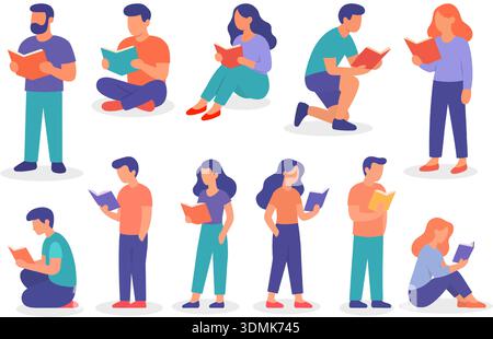 Set di personaggi diversi che leggono libri in varie pose, seduti, in piedi e inginocchiati. Moderno stile vettoriale piatto Illustrazione Vettoriale