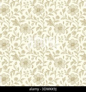 Motivo floreale universale senza cuciture con incisione vintage in toni beige. Un design dettagliato e discreto, perfetto per tessuti, carta da parati e tessuti. Illustrazione Vettoriale