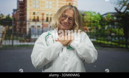 Medico donna anziano con stetoscopio che stringe le mani al petto di fronte a un edificio ospedaliero, sorridendo delicatamente e radiando cura; gratitudine guarigione. Foto Stock