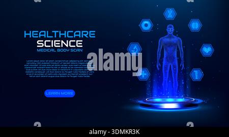 Ologramma umano. Scansione 3D del corpo medico. Schermata ai anatomia o portale HUD. Analisi diagnostica biotecnologica. Visualizzazione dati tecnici. Scienza sanitaria. Figura maschile brillante. Modello virtuale. Sfondo vettoriale Illustrazione Vettoriale