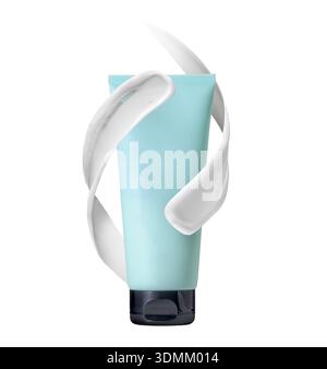 Mockup cosmetico blu con crema, elegante illuminazione da studio, girevoli campioni di crema intorno al tubo, ombre morbide isolate sul bianco Foto Stock