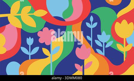 Vivace motivo floreale con fiori e foglie colorate su sfondo blu Illustrazione Vettoriale