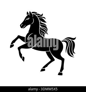 Silhouette vettoriale minimalista di un maestoso cavallo allevato, linee nitide e pulite, elegante posa dinamica, isolata su sfondo bianco, simbolo di potenza e. Illustrazione Vettoriale