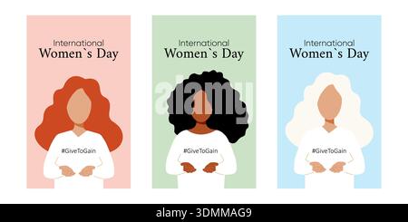Set di poster moderni che celebrano la giornata internazionale delle donne con eleganti ritratti femminili ed elementi floreali. Illustrazione Vettoriale
