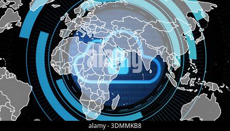 Visualizzazione di una mappa digitale incentrata sull'Africa, centrata nel cruscotto, con anelli HUD e codice binario Foto Stock