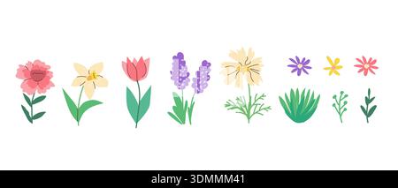 Set di fiori primaverili di cartoni animati. Elementi floreali primaverili minimalisti di margherita, tulipani, peoni, narcisi. Set vettoriale floreale. Illustrazione Vettoriale