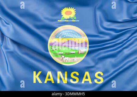 Bandiera dello stato del Kansas che sventolava, mostrando il suo sigillo ufficiale con un girasole e il nome KANSAS. Rendering 3D. Foto Stock