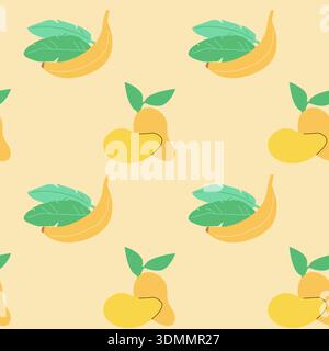 Modello tropicale minimalista astratto con frutti di mango e banane con foglie su sfondo giallo. Stampa estiva colorata per tessuti da cucina e tessuti Illustrazione Vettoriale